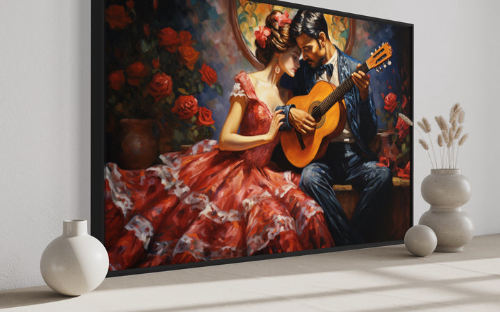 Romantic Couple With Guitar Traditional Mexican Framed Canvas Wall Art side view
