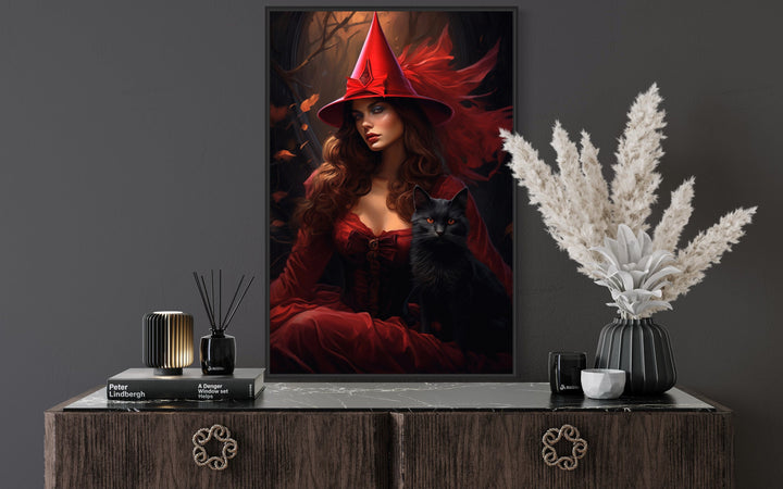 Red Witch In Enchanted Forest With Black Cat Gothic Framed Canvas Wall Art