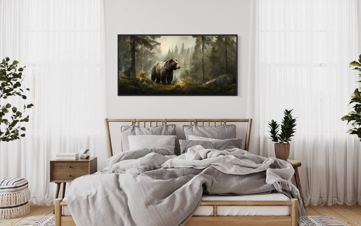 Grizzly Bear In Foggy Forest Canvas Wall Art above wooden bed