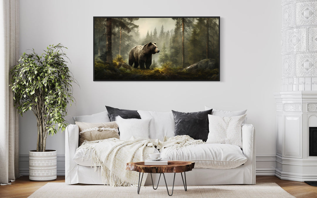 Grizzly Bear In Foggy Forest Canvas Wall Art above white couch