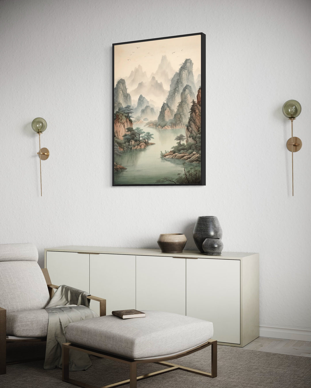 Traditional Chinese Mountains River Landscape Shan Shui Hua Canvas Wall Art above a buffet