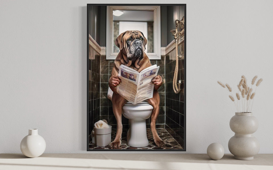 French Mastiff Dog On The Toilet Reading Newspaper Wall Art close up