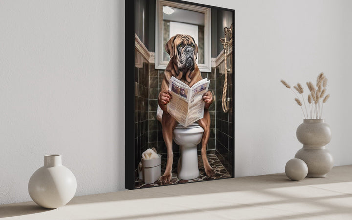 French Mastiff Dog On The Toilet Reading Newspaper Wall Art side view