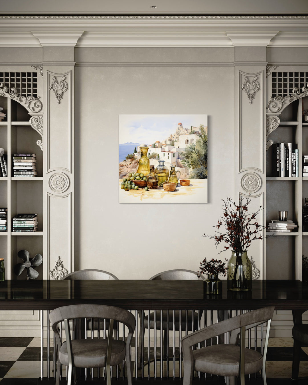 Olives And Oil Watercolor Greece Landscape Kitchen Canvas Wall Art in dining room