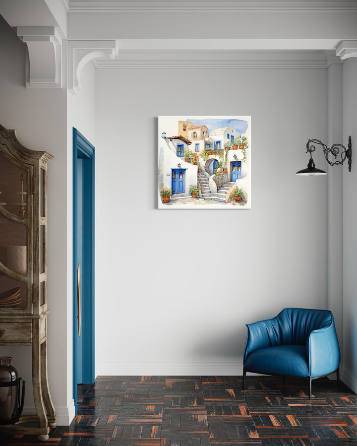 Greek Houses Santorini Greece Framed Canvas Wall Art in living room