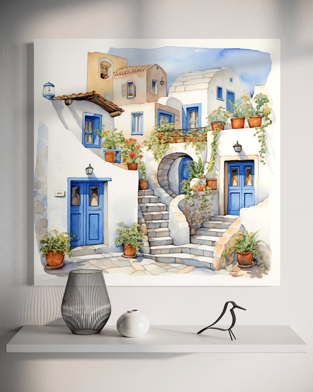 Greek Houses Santorini Greece Framed Canvas Wall Art above table