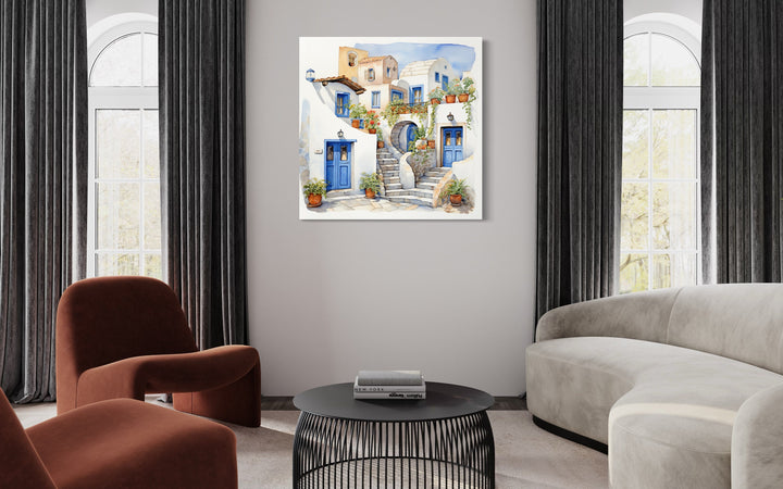 Greek Houses Santorini Greece Framed Canvas Wall Art in living room