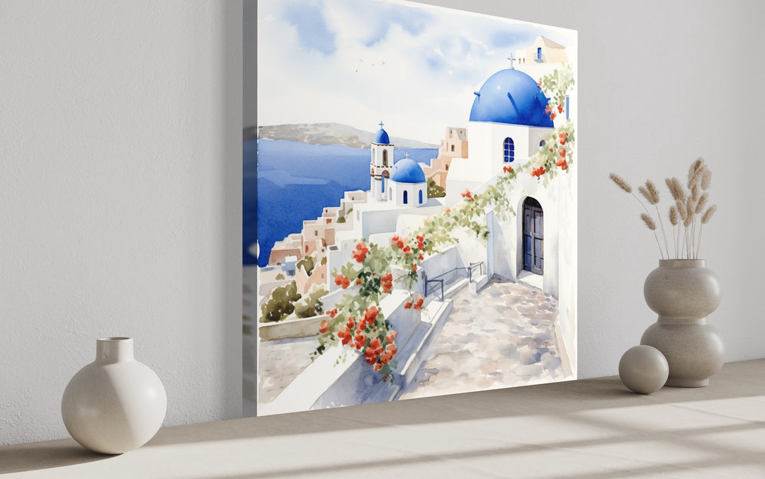 Santorini Greece Watercolor Framed Canvas Wall Art side view