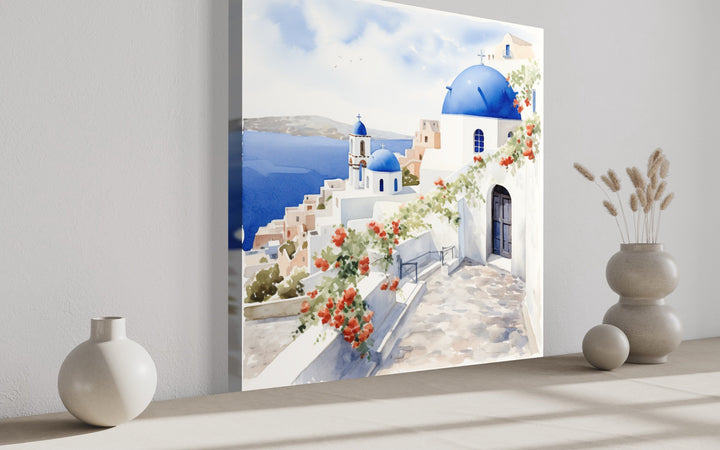 Santorini Greece Watercolor Framed Canvas Wall Art side view