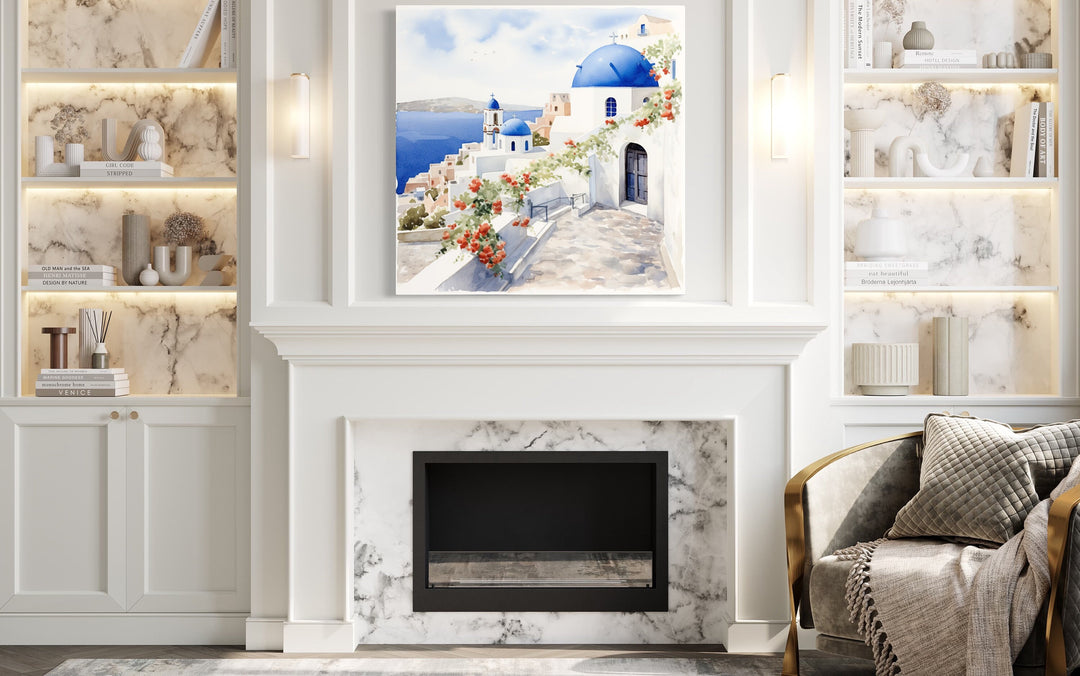 Santorini Greece Watercolor Framed Canvas Wall Art above fireplace