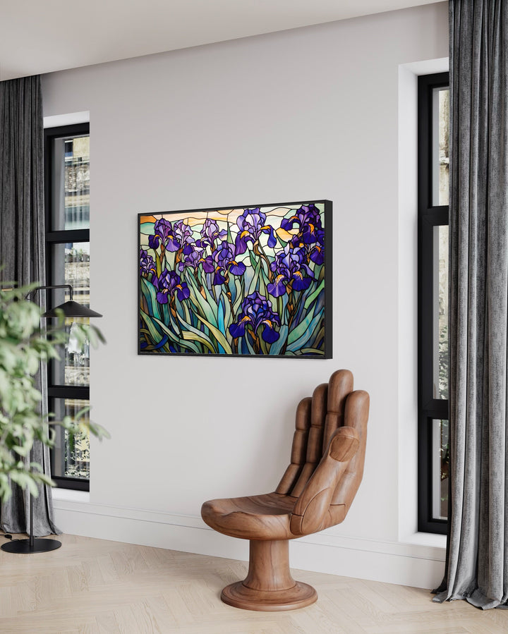 Purple Irises Field Stained Glass Style Art Deco Wall Art in living room