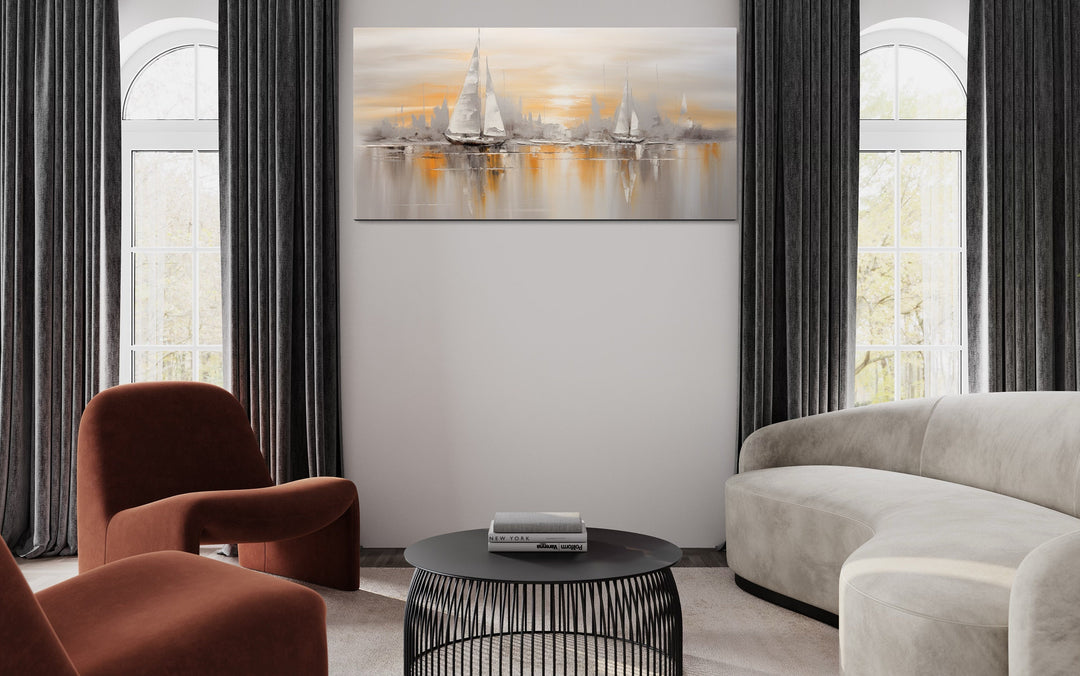 Abstract Sail Boats In Ocean Silver Gold Nautical Wall Decor in modern living room