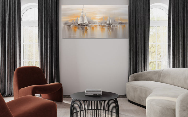 Abstract Sail Boats In Ocean Silver Gold Nautical Wall Decor in modern living room