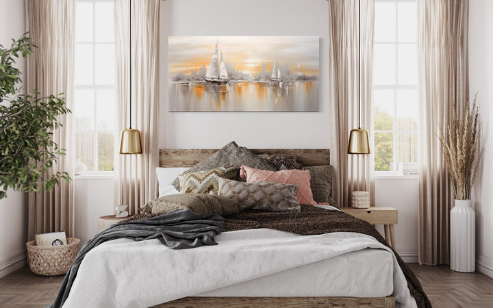 Abstract Sail Boats In Ocean Silver Gold Nautical Wall Decor
