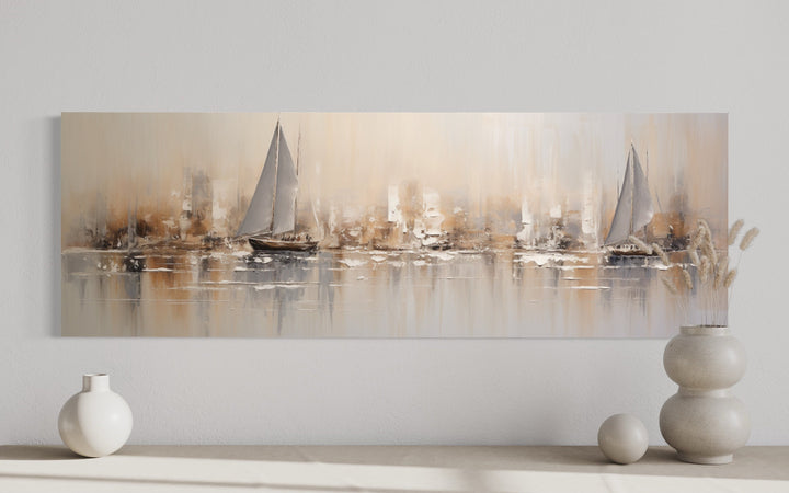 Gold And Silver Abstract Sail Boats in Ocean Long Horizontal Above Bed Coastal Wall Art close up