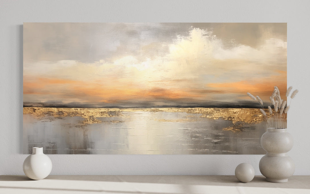 Silver Gold Abstract Ocean Sunset Living Room Framed Canvas Wall Art close up