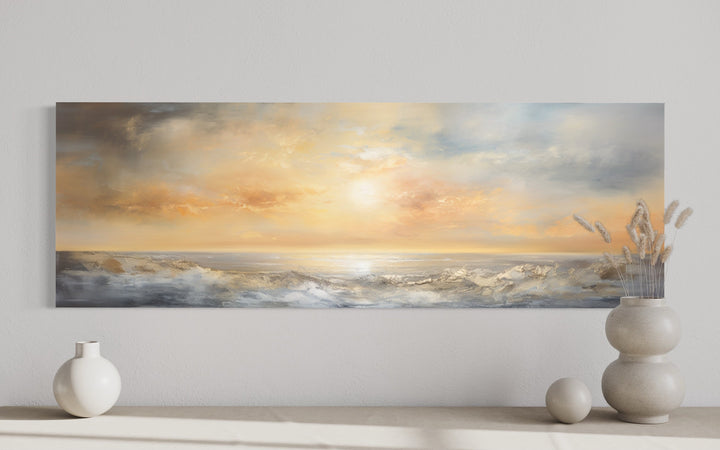 Gold And Silver Abstract Ocean Sunset Long Horizontal Over Bed Wall Art close up