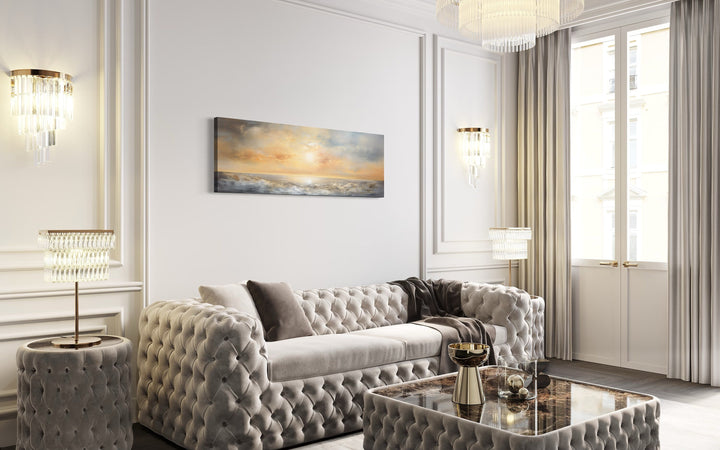 Gold And Silver Abstract Ocean Sunset Long Horizontal Over Bed Wall Art in living room