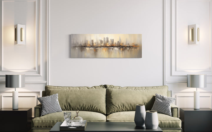 Gold And Silver Abstract Chicago Skyline Horizontal Living Room Wall Art above green couch