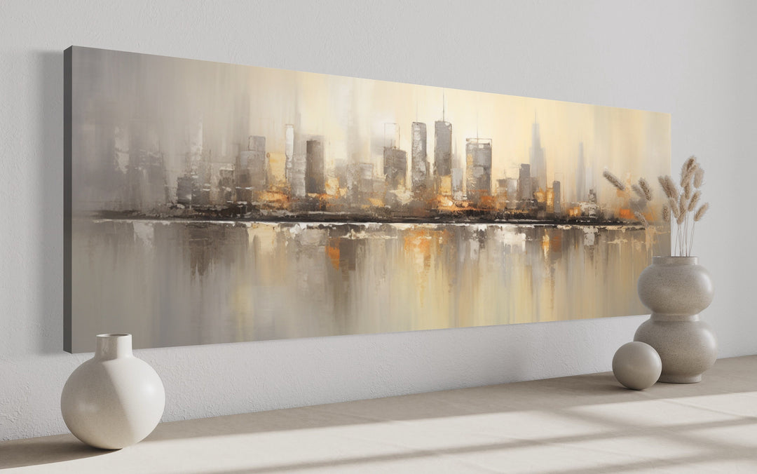 Gold And Silver Abstract Chicago Skyline Horizontal Living Room Wall Art side view