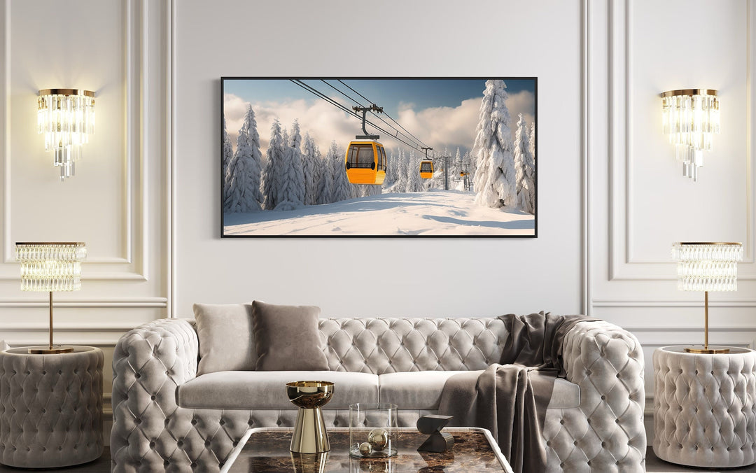 Yellow Chairlift In Ski Resort Framed Canvas Wall Art in living room