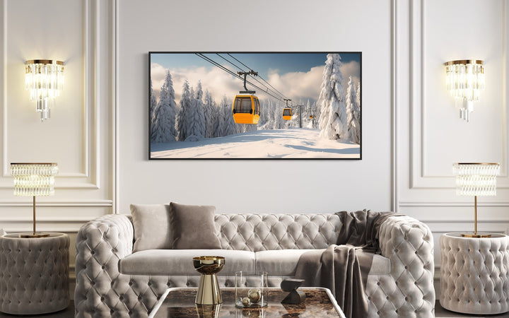 Yellow Chairlift In Ski Resort Framed Canvas Wall Art in living room