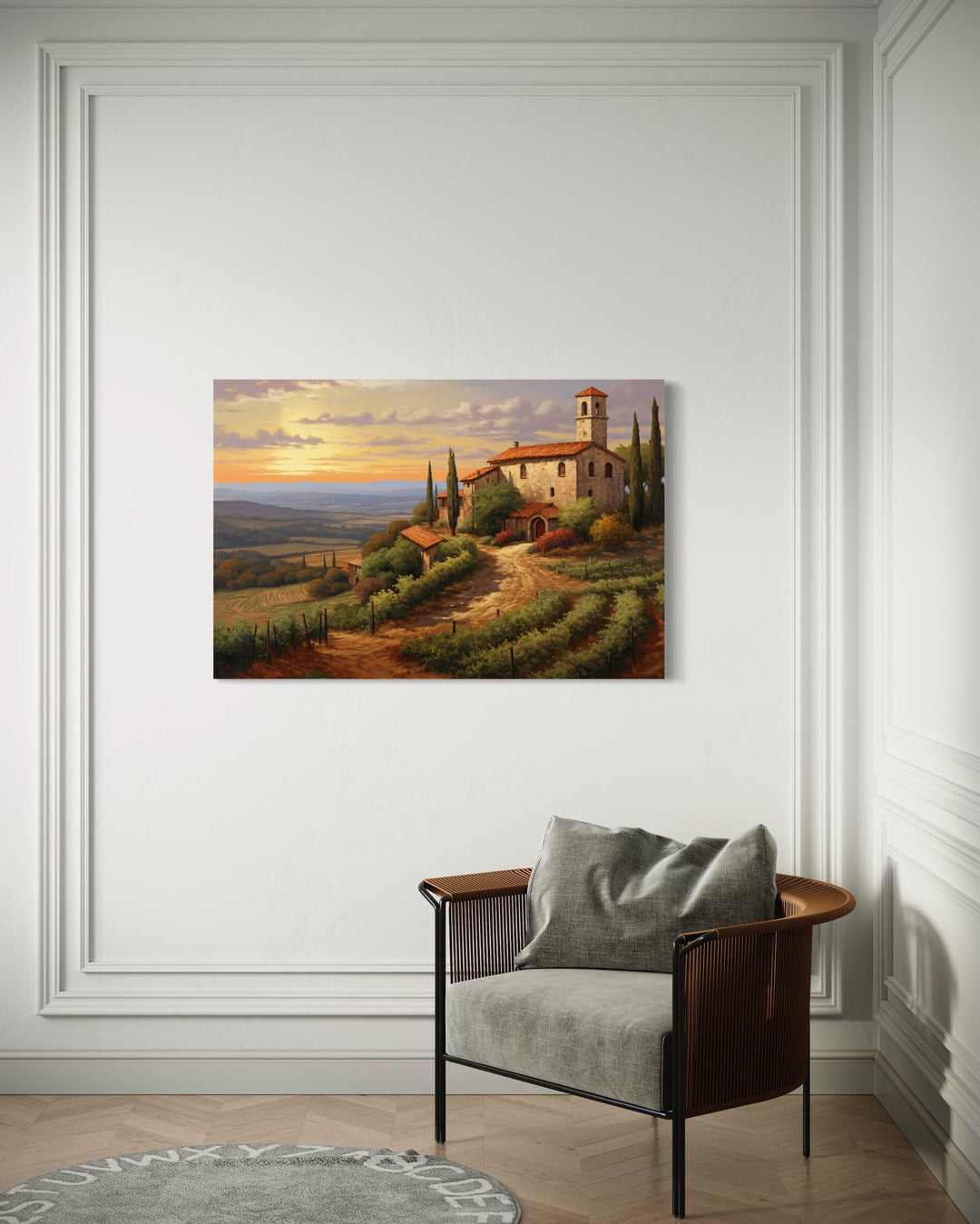 Rolling Hills Of Tuscany Italy Framed Canvas Wall Art behind armchair