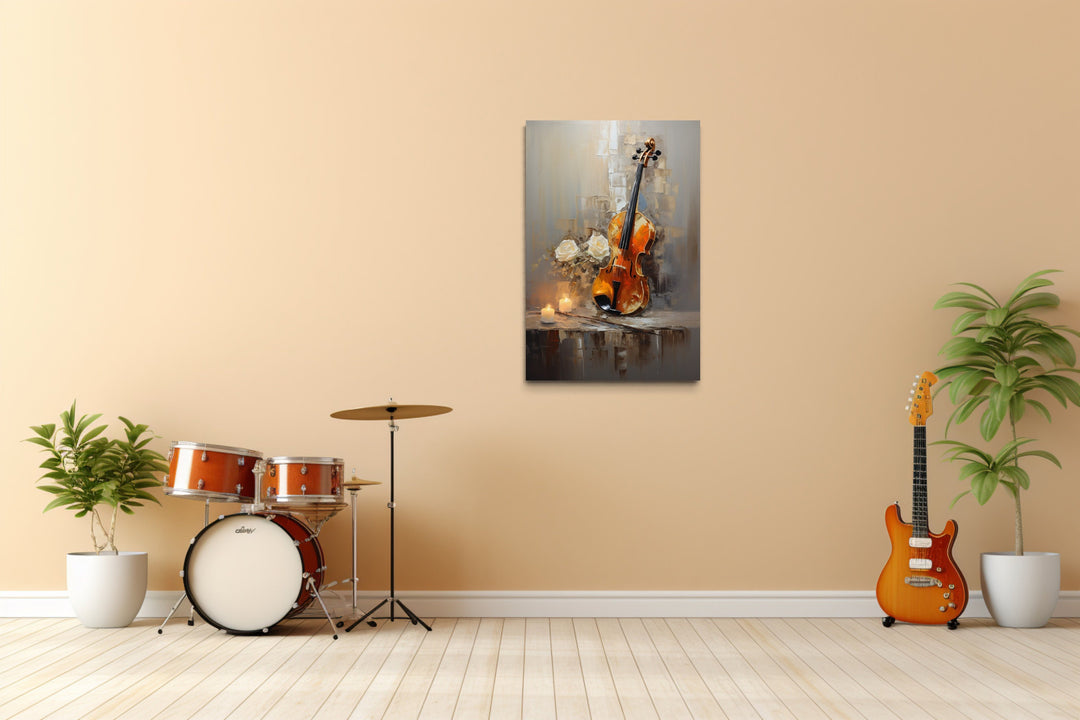 Candlelit Violin Abstract Painting Framed Canvas Wall Art in music room