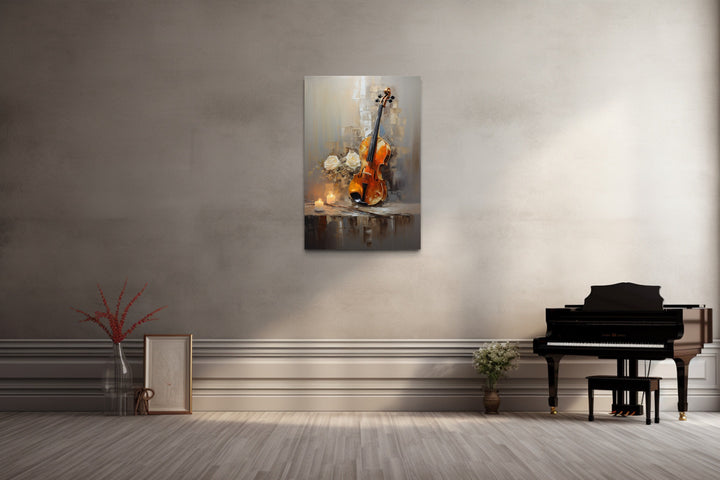 Candlelit Violin Abstract Painting Framed Canvas Wall Art in music room