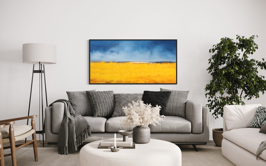 Minimalist Blue Yellow Ukrainian Flag Landscape Framed Canvas Wall Art in living room