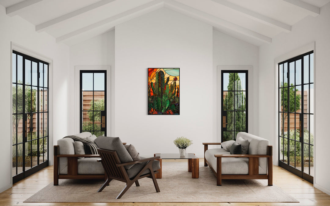 Cactus Stained Glass Style Framed Canvas Wall Art in living room