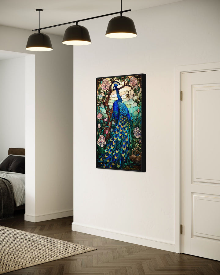 Stained Glass Style Peacock Framed Canvas Wall Art in living room