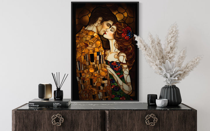 Couple Kissing Gustav Klimt Inspired Romantic Framed Canvas Wall Art close up