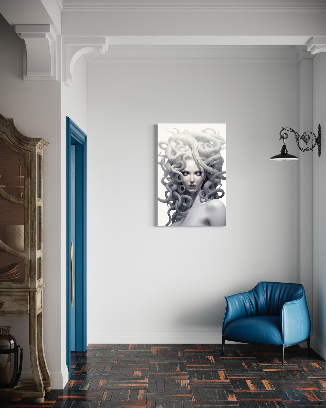 White Medusa Greek Gorgon Framed Canvas Wall Art in hallway