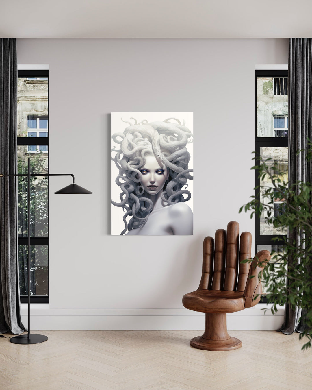 White Medusa Greek Gorgon Framed Canvas Wall Art in living room