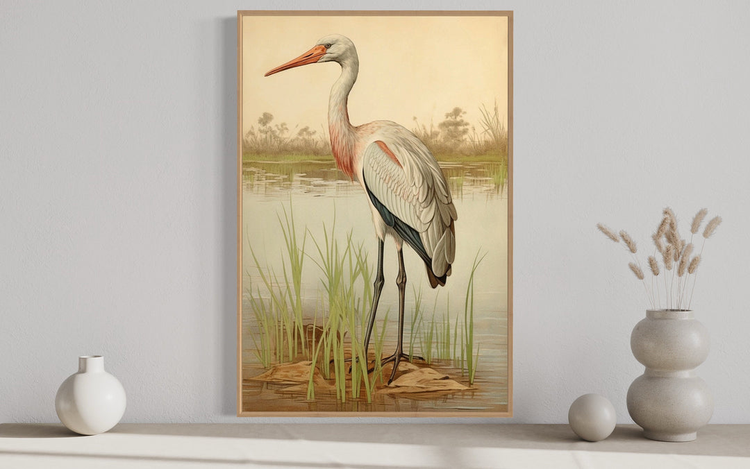 Vintage Stork Painting Coastal Canvas Wall Art