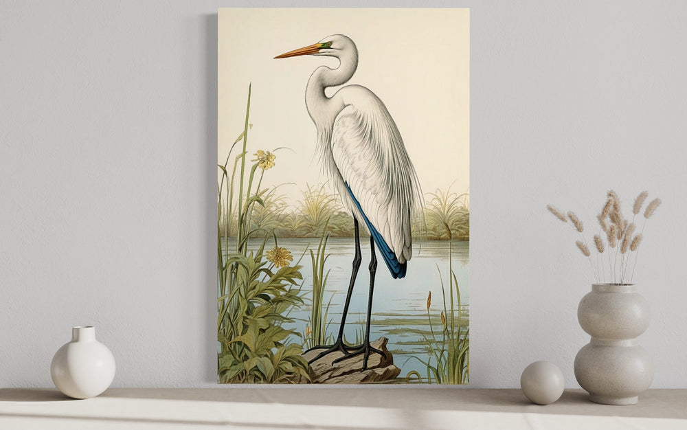 Vintage Great Egret Painting coastal Framed Canvas Wall Art