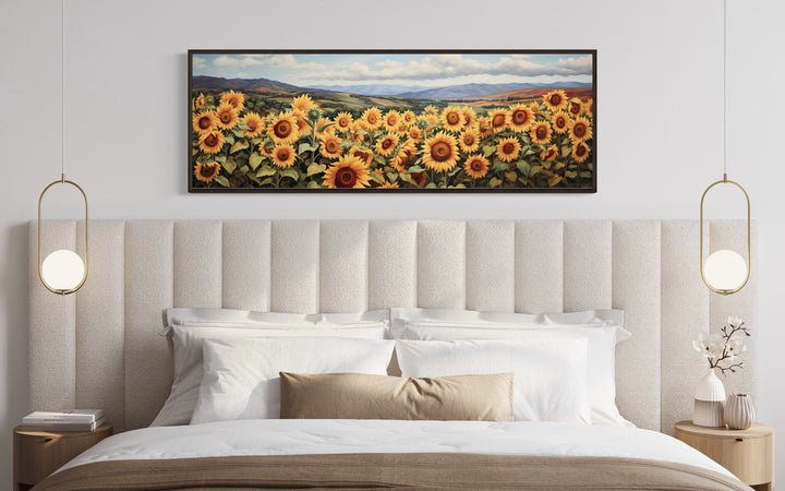 Sunflowers Field Rustic Farmhouse Horizontal Wall Art above bed