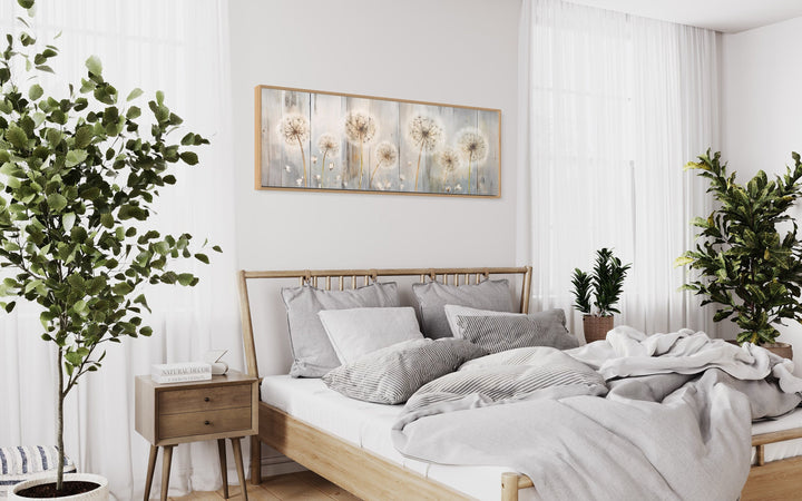 Dandelions Painting On Distressed Wood Horizontal Canvas Wall Art above wooden bed