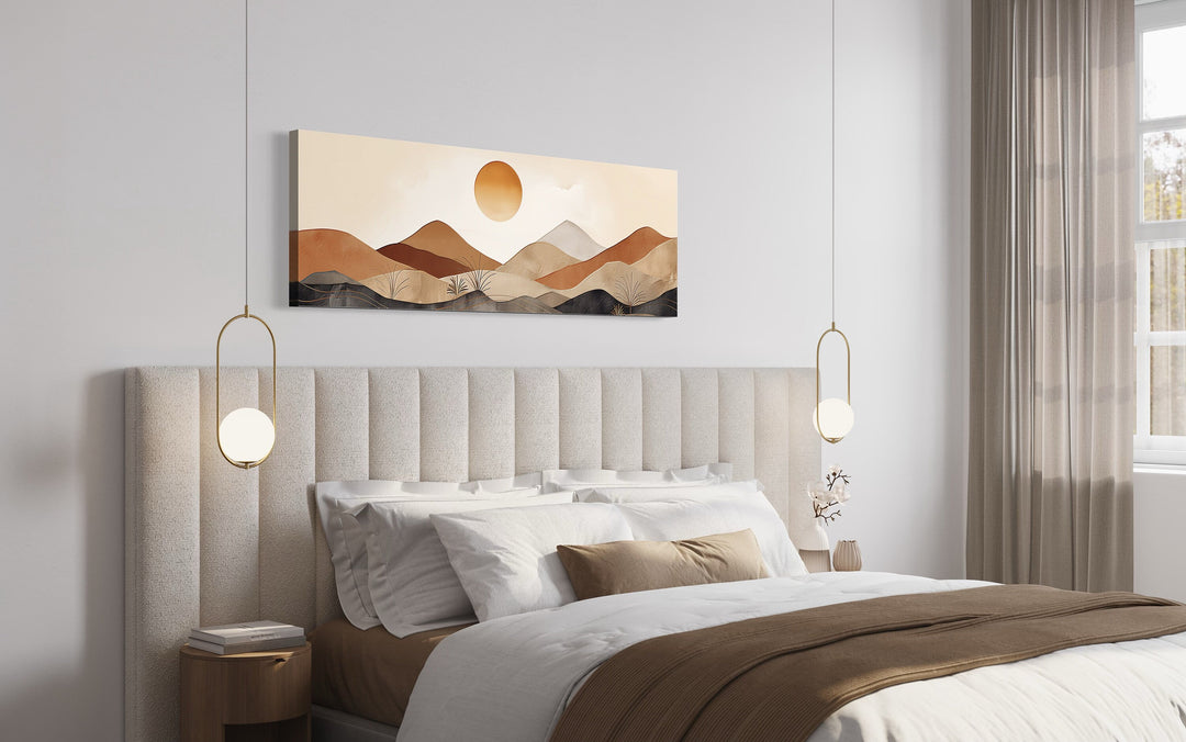 Mid Century Modern Neutral Mountain Landscape Canvas Wall Art above bed