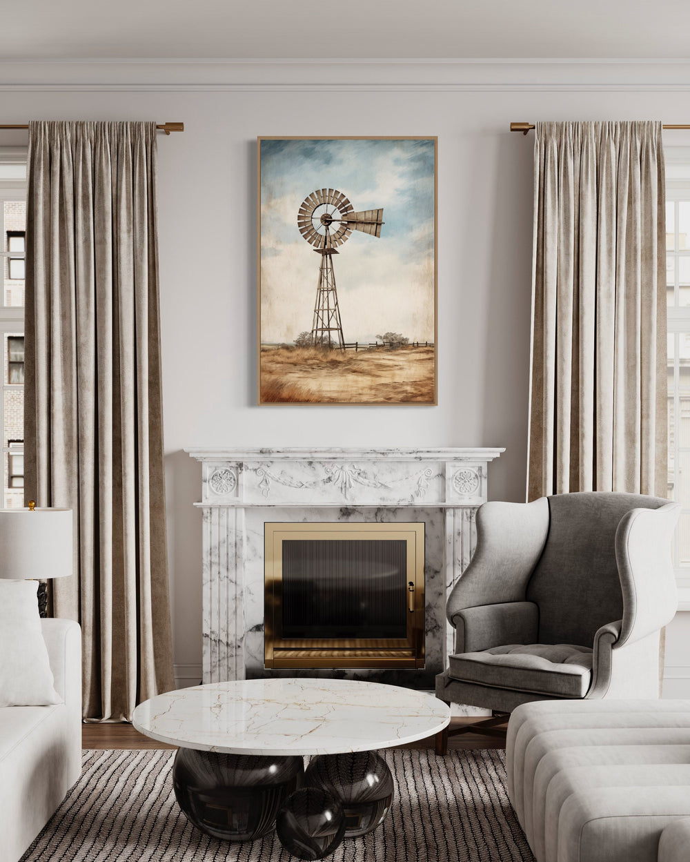 Windmill Painting Framed Canvas Wall Art above fireplace