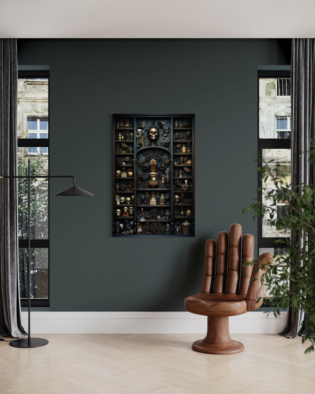 Cabinet Of Curiosities Gothic Framed Canvas Wall Art in living room