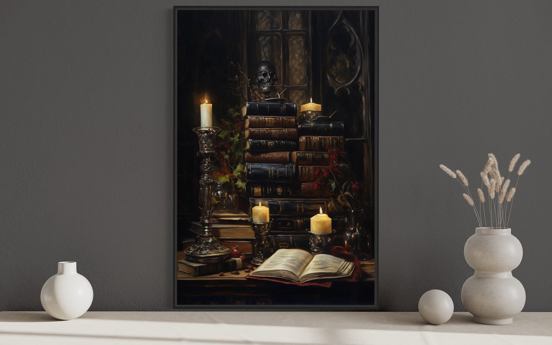 Vintage Books With Candles Gothic Wall Art close up