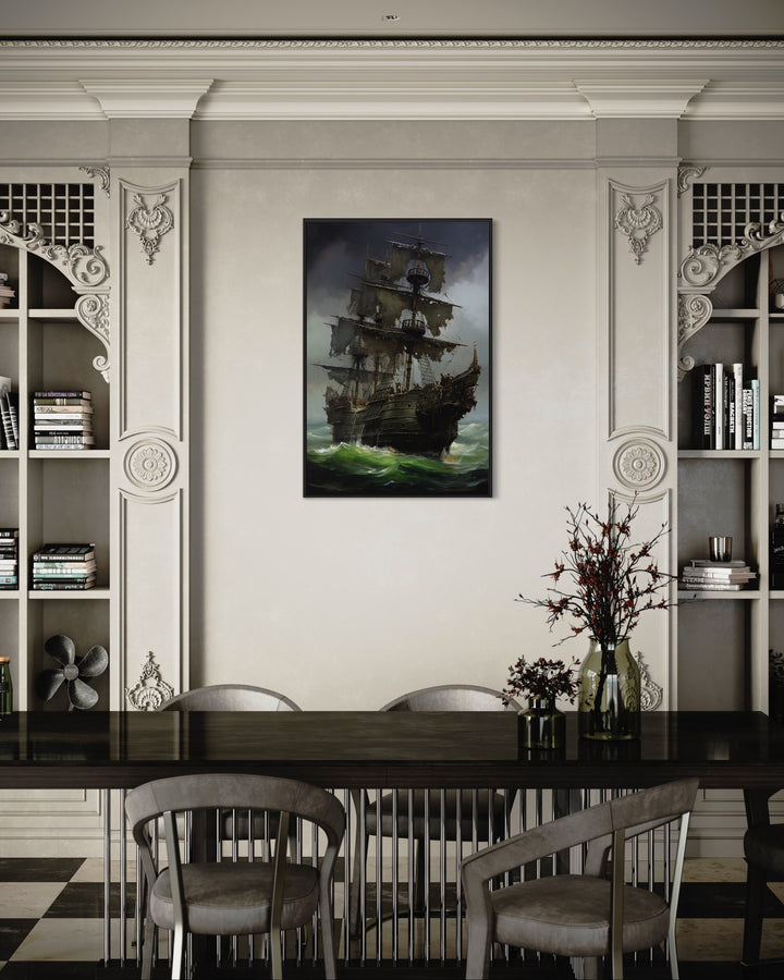 Ghost Pirate Ship In The Ocean Gothic Framed Canvas Wall Art in dining room