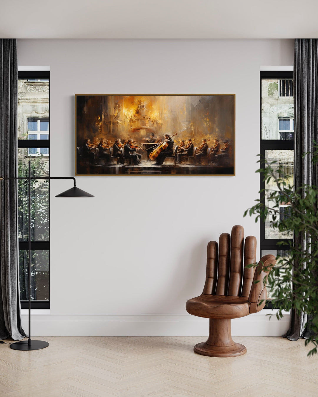 Abstract Orchestra Classical Music Framed Canvas Wall Art in living room