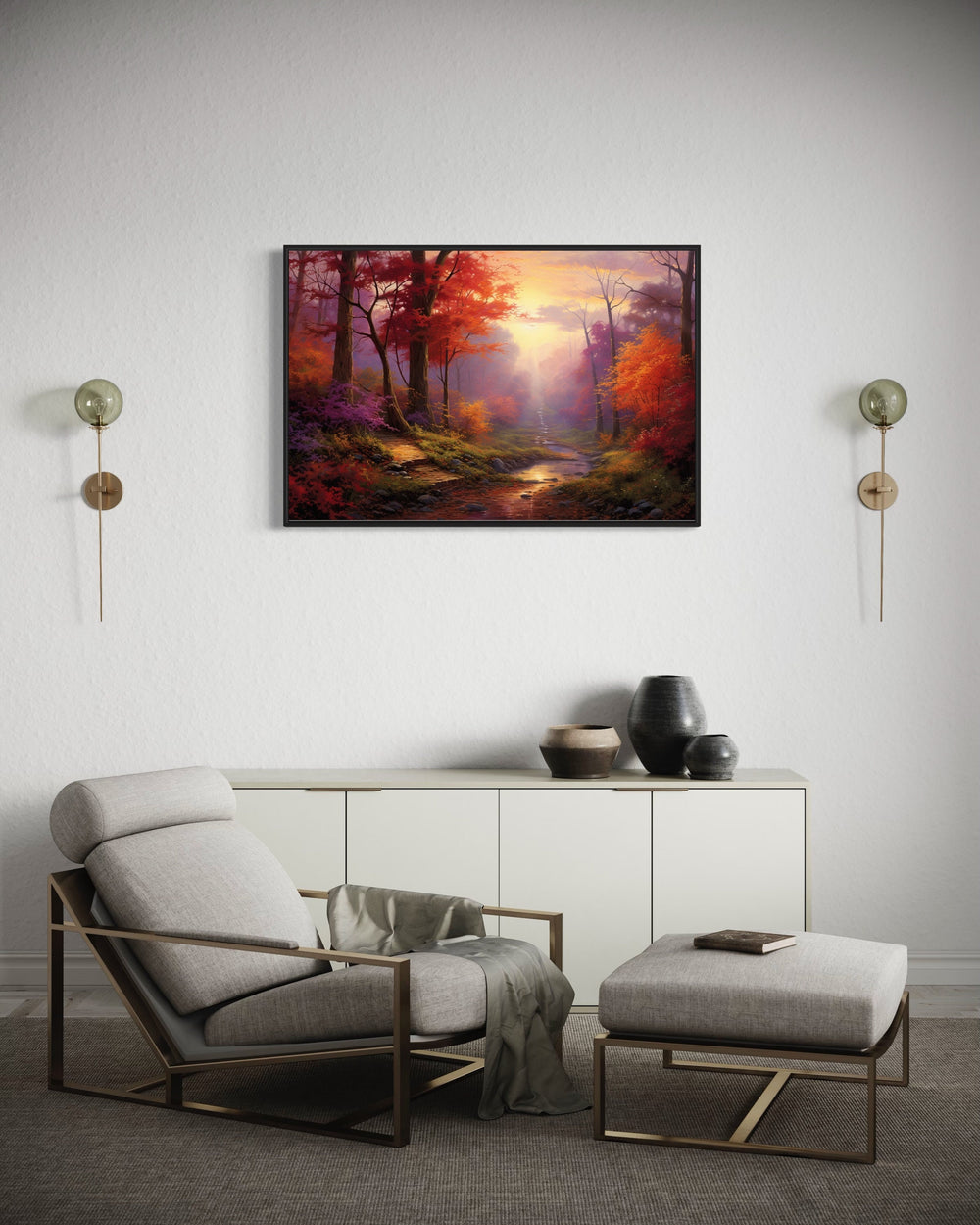 Autumn Forest Landscape Framed Canvas Wall Art in living room