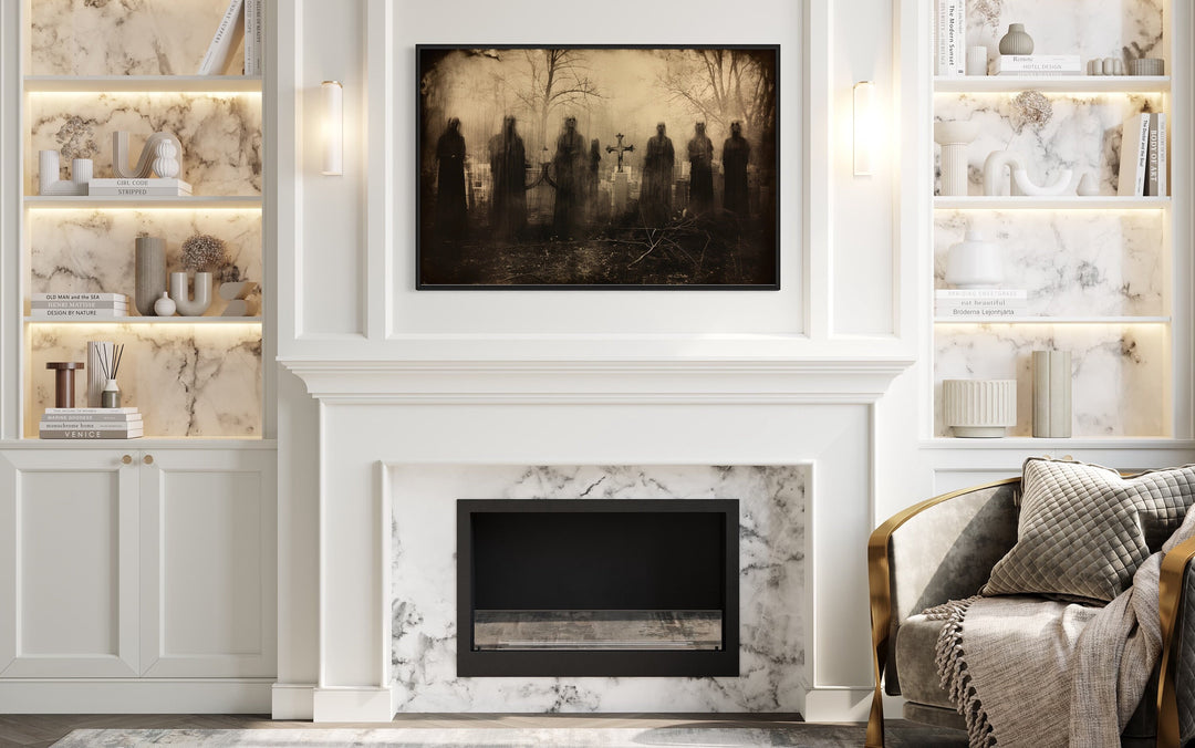 Dead Rising From Graves At Cemetery Vintage Photography Wall Art above fireplace