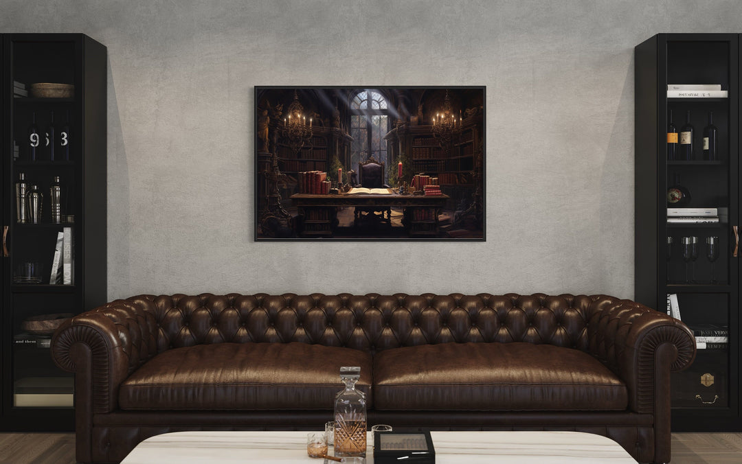 Vintage Gothic Magical Library Framed Canvas Wall Art in living room