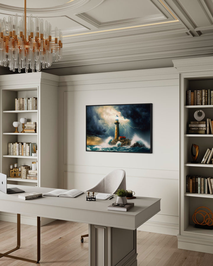 Lighthouse In Stormy Ocean Nautical Wall Art in modern office