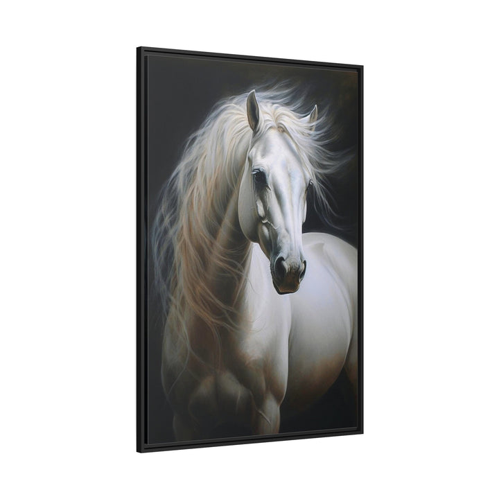 Beautiful White Horse On Black Background Framed Canvas Wall Art side view